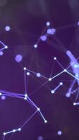 A glowing network of interconnected purple nodes and lines forming a futuristic digital web, symbolizing artificial intelligence, data, and technology video