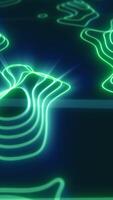 An abstract landscape with glowing green waves forming undulating curves. A futuristic and surreal digital terrain evoking AI, technology, or a topographic visualization video