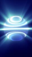 A futuristic glowing blue sphere with neon light rings emitting soft rays of light, resembling a high-tech concept or cosmic energy core video
