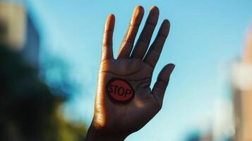 A person's hand with a stop sign painted on it photo