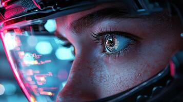 A woman with a helmet on her head and a glowing eye photo