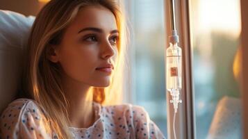 A woman in a hospital bed with a IV hanging from her arm photo