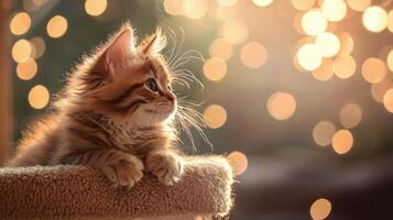 A kitten sitting on a cat tree with lights behind it photo