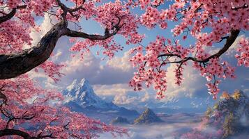 A beautiful scene of cherry blossoms and mountains in the background photo