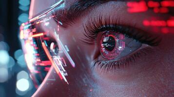A woman's eye is shown in a futuristic setting with a red and blue background photo