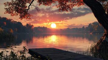 A beautiful sunset over a lake with a wooden dock photo
