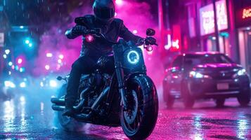 A person riding a motorcycle in the rain at night photo
