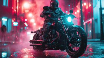 A man riding a motorcycle in the rain at night photo