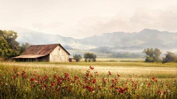 An oil painting of a barn and field with red poppies photo