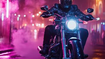 A person riding a motorcycle in the dark with smoke photo