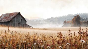 A painting of a barn in a field photo