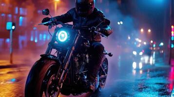 A person riding a motorcycle in the rain at night photo