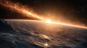 An artist's rendering of the sun rising over the earth photo