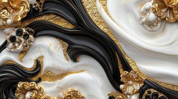 Black and white marble background with gold accents photo