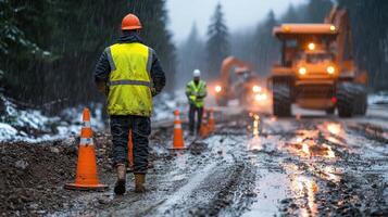 A construction worker walking on a road in the rain photo