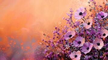 A painting of purple flowers on an orange background photo