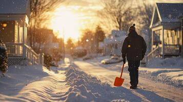A man walking down a snowy street with a shovel photo