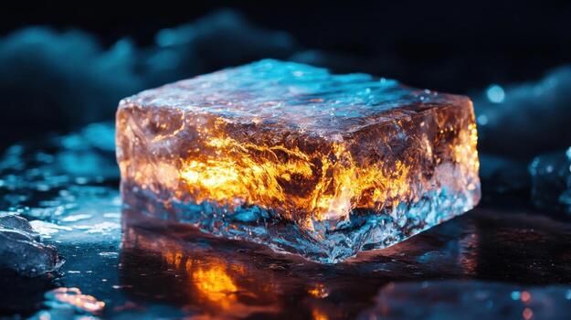 An ice cube with glowing light on it photo