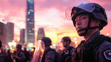 A man in a police uniform is standing in front of a crowd photo