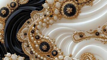 A black and white image of a gold and white design photo