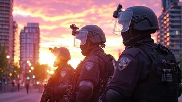 Three police officers in uniform standing in front of buildings photo