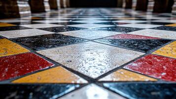 A close up of a tiled floor with red, yellow and black squares photo
