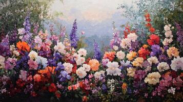 A painting of a field of flowers with a blue sky photo