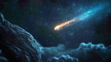 A comet is seen in the sky above a rock photo