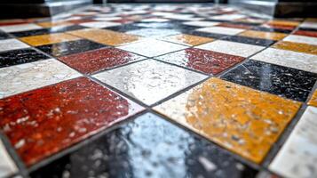 A close up of a tiled floor with colorful squares photo