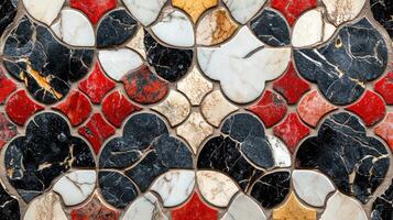 A colorful mosaic tile pattern with red, black and white photo