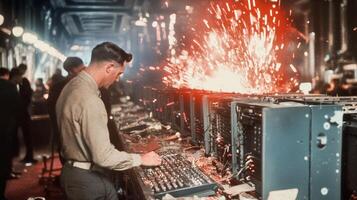 A man working on a computer in a factory photo