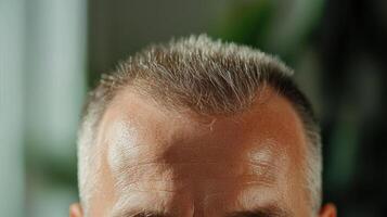 A man with a bald head and a gray shirt photo