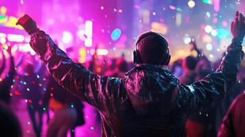 A person with headphones and a party in the city photo