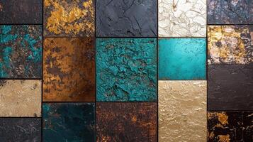 A collection of different colored metal tiles photo