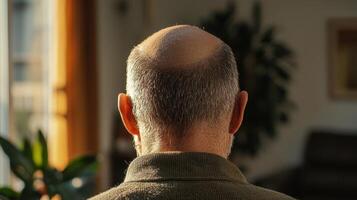 A bald man with a bald head looking out the window photo