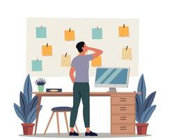 illustration of a man standing in front of a desk, looking at sticky notes on the wall, feeling confused or planning. Concept of productivity, organization, and brainstorming vector