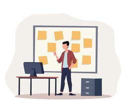 illustration of a businessman standing in front of a whiteboard with sticky notes, presenting or brainstorming ideas. Concept of planning, organization, and productivity vector