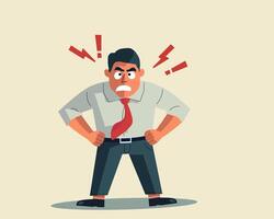 illustration of an angry businessman with a furious expression, clenched fists, and red warning symbols above his head. Perfect for stress, anger, and workplace concepts vector