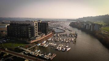 Aerial View of a Marina with Boats and Modern Buildings photo