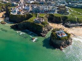 Aerial view of newquay, cornwall showing beach and island photo