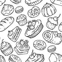 Seamless pattern with pastries, desserts and cakes. Image in doodle style vector