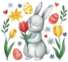 easter set with cute bunny with tulips and easter eggs. watercolor illustration vector