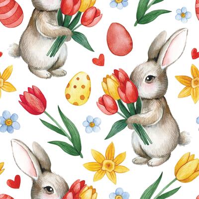 seamless pattern with easter bunnies, yellow and pink flowers tulips and easter eggs. watercolor print