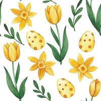 easter seamless pattern with yellow tulips, daffodils and easter eggs. watercolor print vector