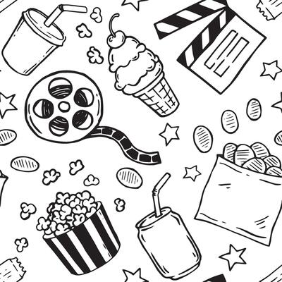 Seamless pattern on the theme of cinema, film strip, popcorn, clapperboard. illustration in doodle style