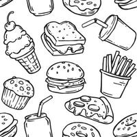 Seamless pattern on the theme of fast food, pizza, burger, ice cream and soda. illustration in doodle style vector