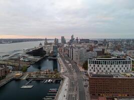 Aerial view of liverpool skyline showing the river mersey and famous landmarks photo