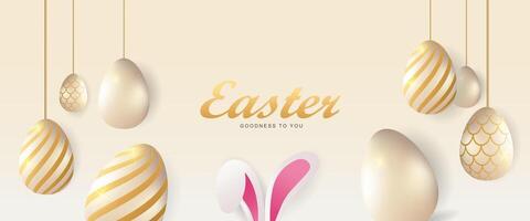 easter banner background with golden eggs and bunny on cream background vector