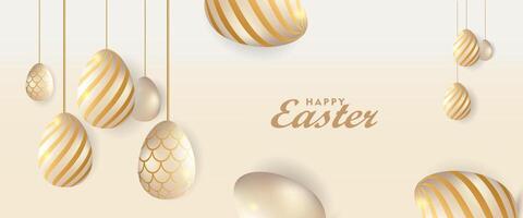 golden easter eggs hanging from strings on a beige background vector