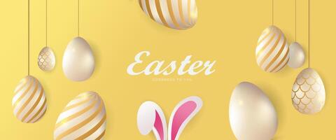easter day background with golden eggs and bunny and copy space for text vector